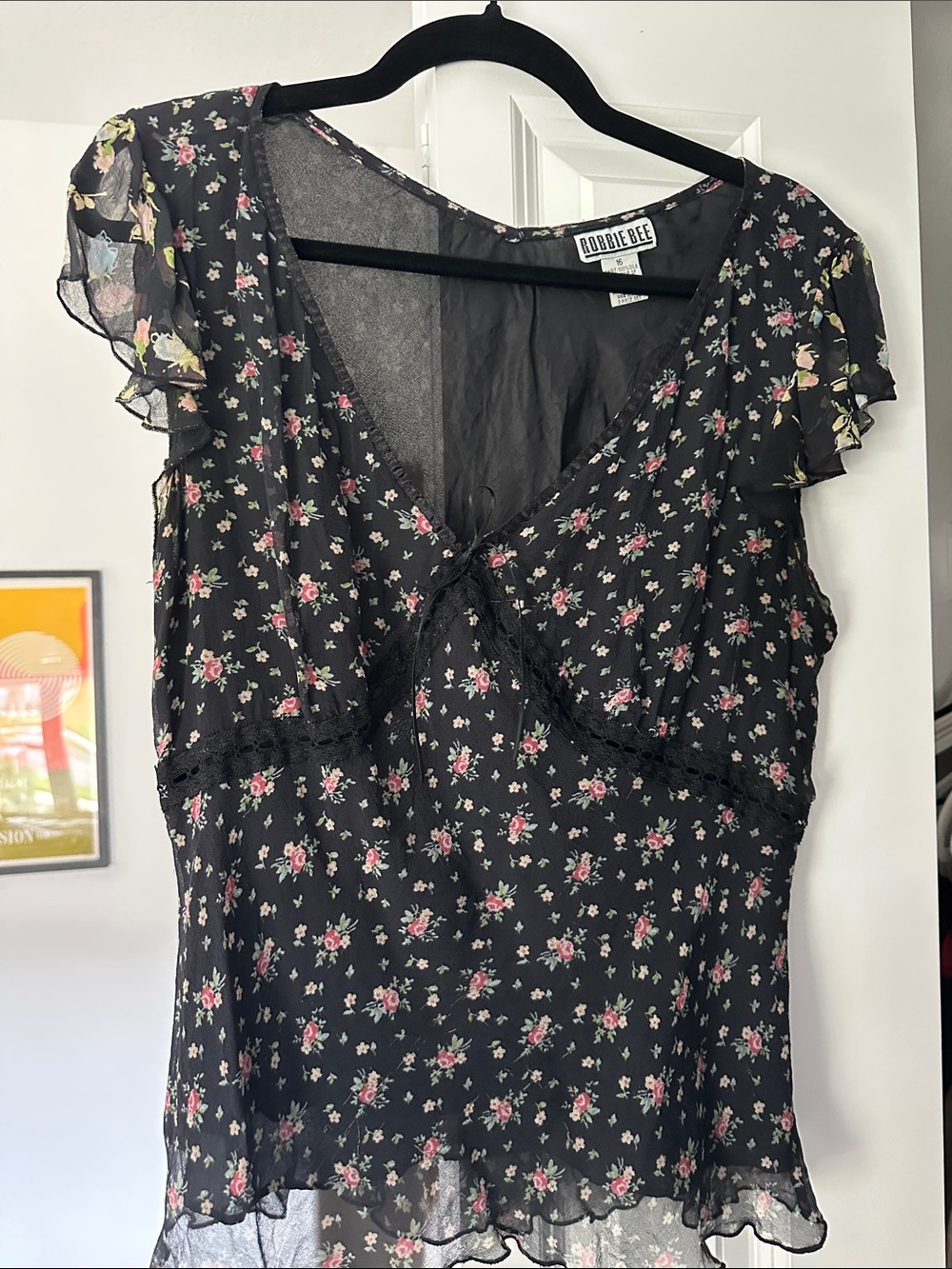 Robbie Bee Black Silk Floral Ruffle Blouse with Pink and Cream Accents